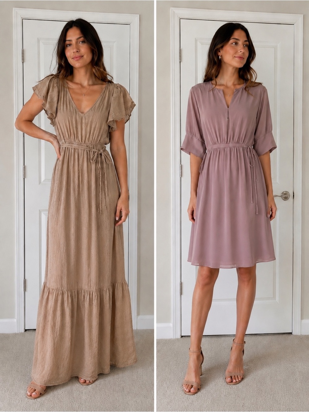2 Dress Bundle Midi Maxi Dresses Sim & Sam H&M Tan Eyelet Mauve Chiffon Size S - Picture 1 of 9